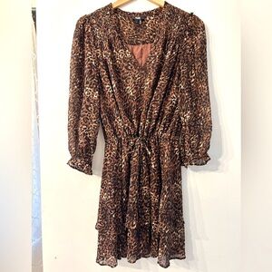 PAIGE large long sleeve v-neck drawstring waist animal print 100% silk dress